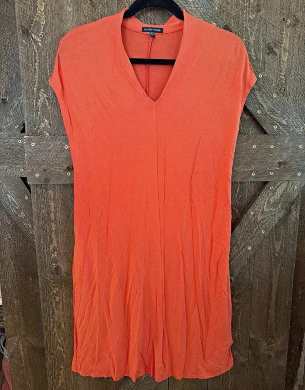 Eileen Fisher Women’s Orange Solid Sheath Knee Dress V-Neck Short Sleeve M